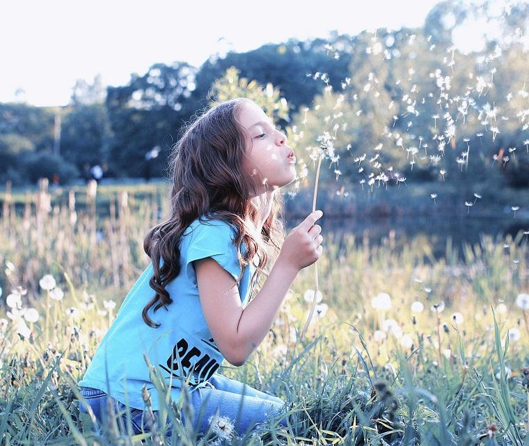 Mädchen pustet an Pusteblume